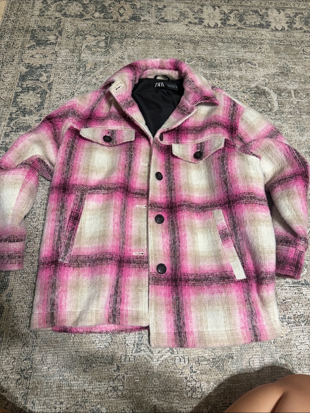 ZARA Pink Plaid Wool-Blend Shacket Jacket